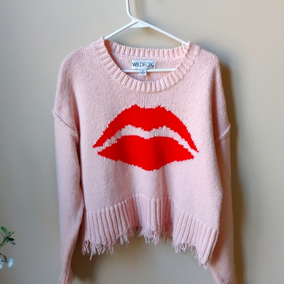 NWT WILDFOX Luna Lip Frayed-Hem Cotton Sweater Pink Small - Picture 1 of 13
